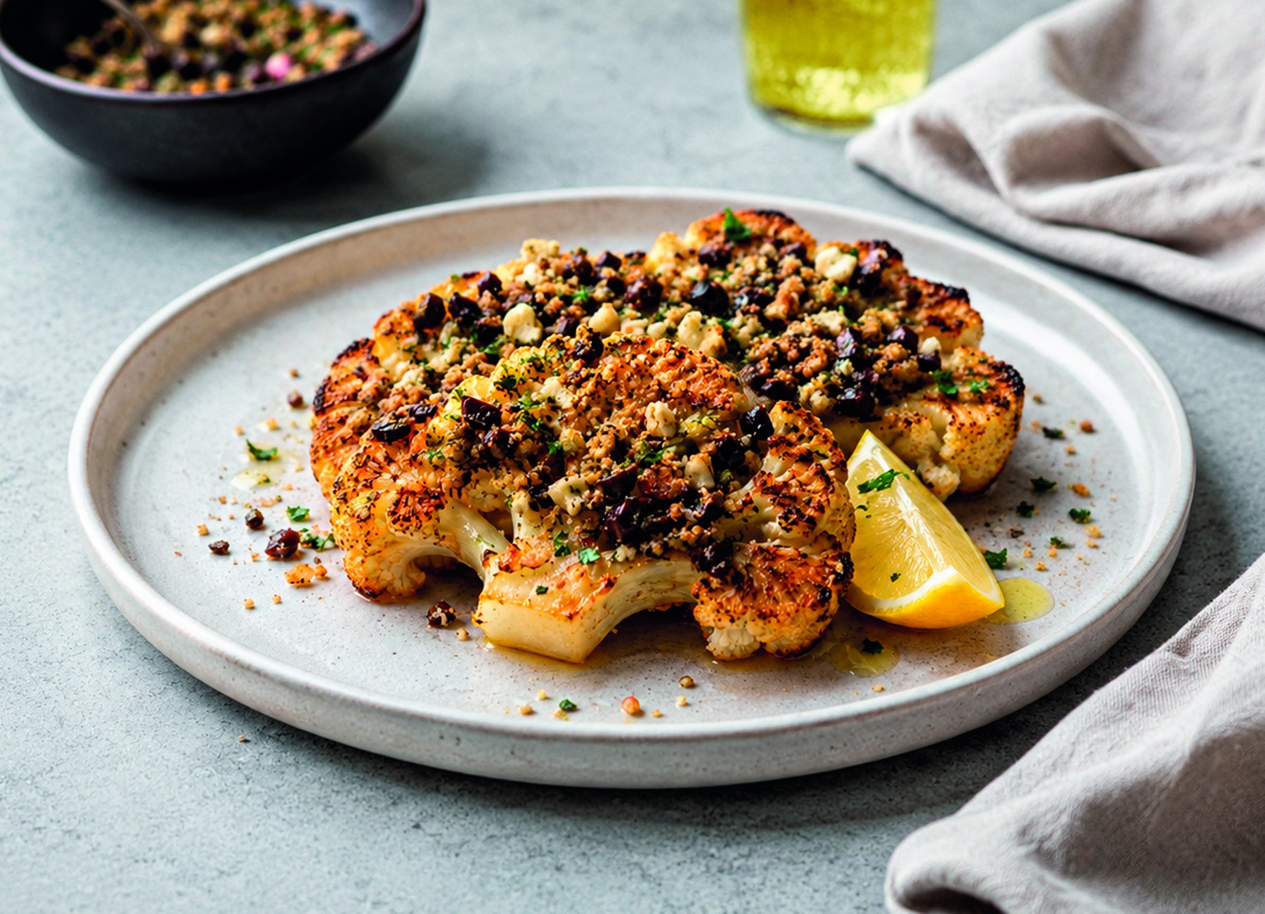 Roasted Cauliflower with Olive Crumble